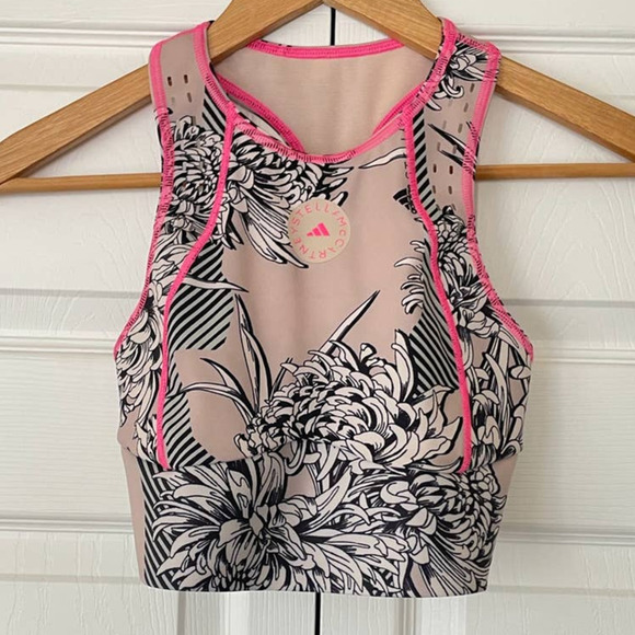 Adidas by Stella McCartney Pink Trim Tan Floral TruePurpose Crop Sports Bra 🔴 - Picture 2 of 4